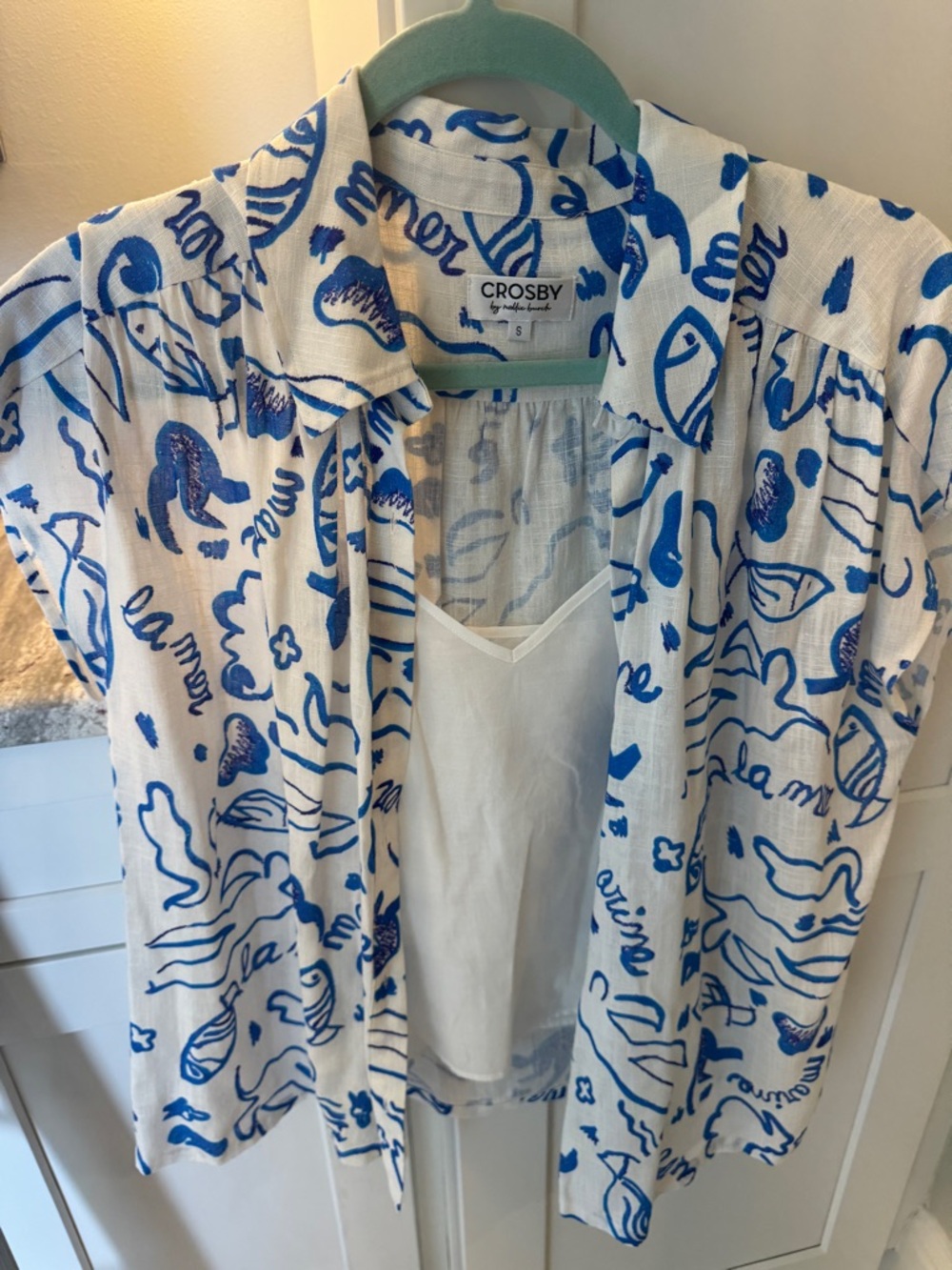CROSBY by Mollie Burch White and Blue marine print linen Button-Down Shirt